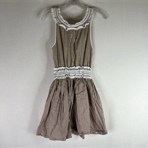 Esley Dress Womens Tan White Linen Cotton Daisy Embroidered Cottage Core Prairie - Picture 9 of 12